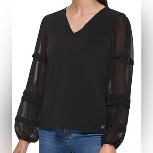 Calvin Klein Black V-Neck Blouse with Sheer Sleeves